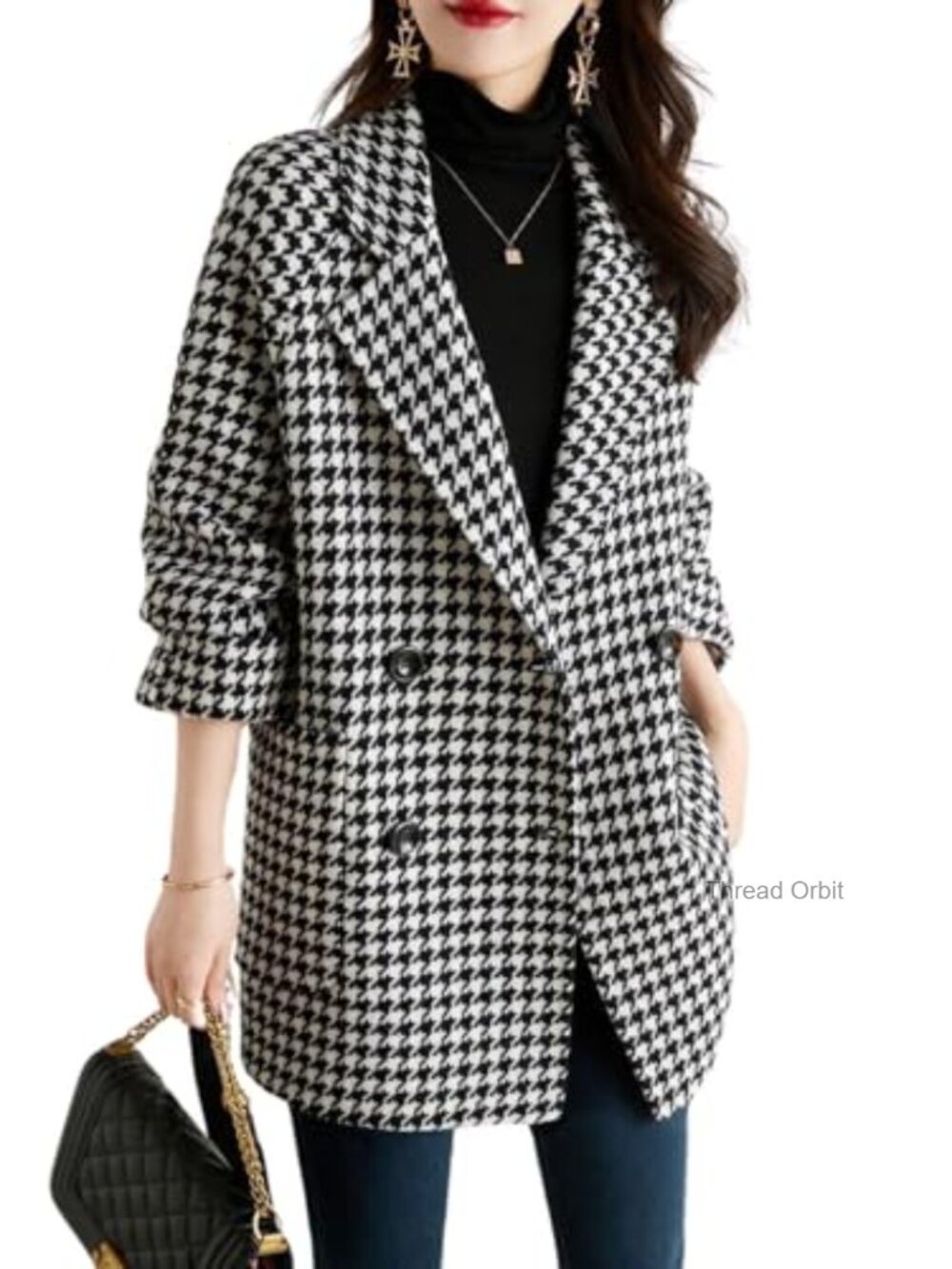 Notched Lapel Double Breasted Pea Coat Houndstooth Woolen Blend Overcoat Pockets